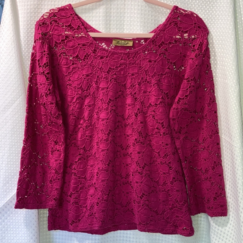 Peck & Peck size Medium pink lace overlay top 15139